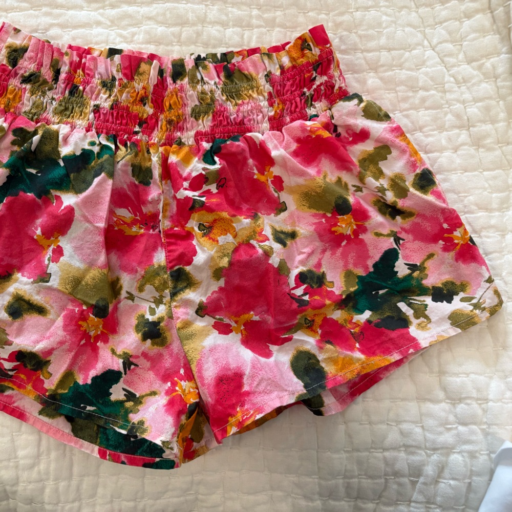 Crewcuts Pink and Green Floral Shorts with Smocked Elastic Waist